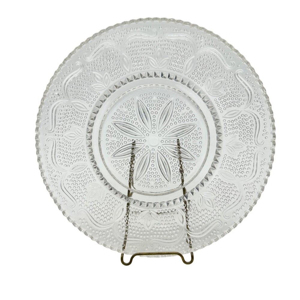 Vintage Clear Glass Plate Intricate Floral and Dot Pattern 9.5" Dia Decorative